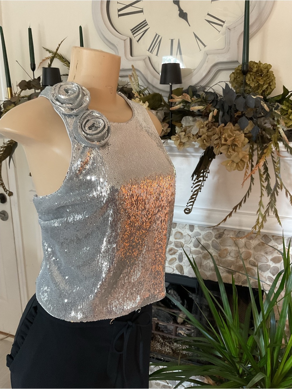 Avec Les Filles Silver Sequin Tank Top with Rosette Shoulders
